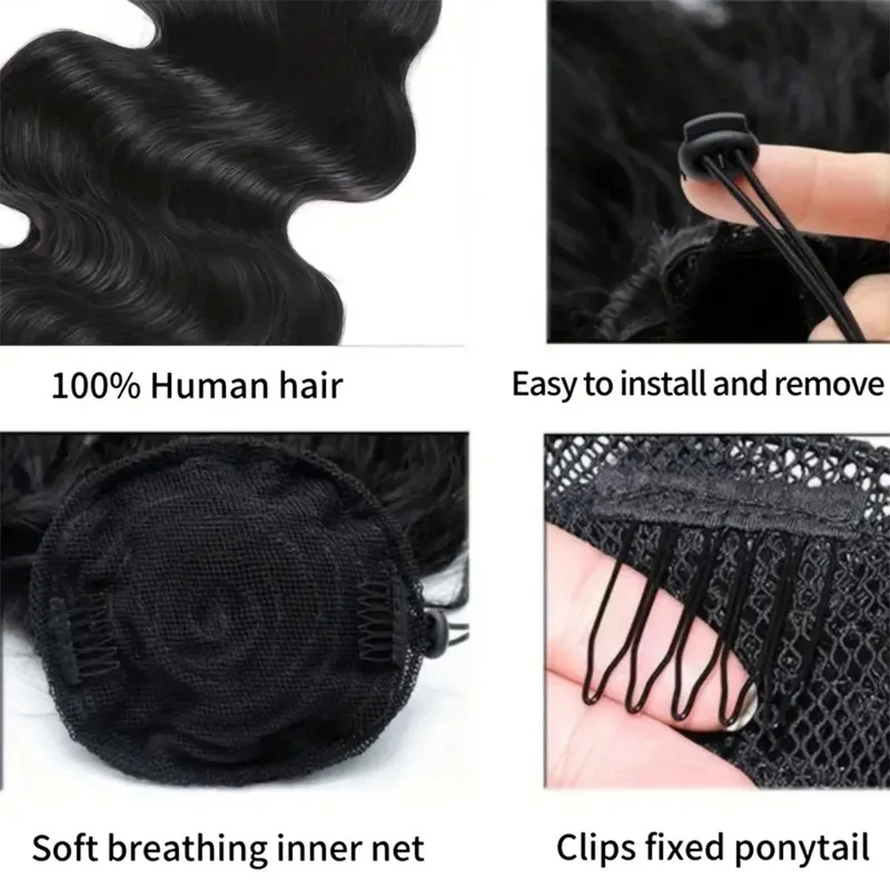Extensii de păr cu clips și șnur, ondulate, cu coadă de cal, 100% păr uman natural, pentru femei de culoare_voghion.com