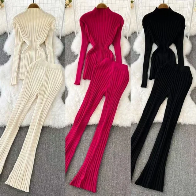 High quality wholesale fashion long sleeve round neck striped knitted top high waist straight leg wide leg pants two-piece set