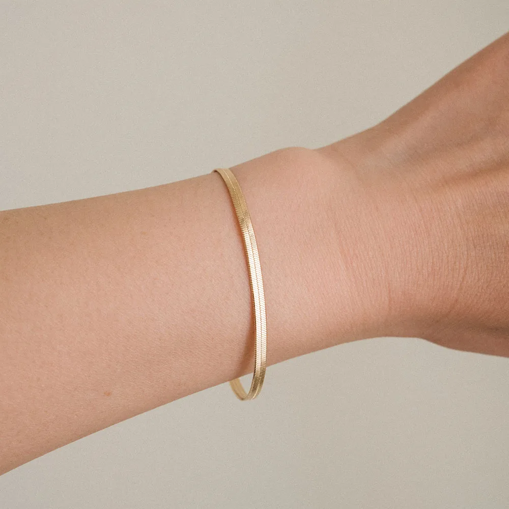 EManco Trendy Classic 14K Gold Plated Stainless Steel Thin Flat Snake Chain Bracelet for Women Gift Jewelry