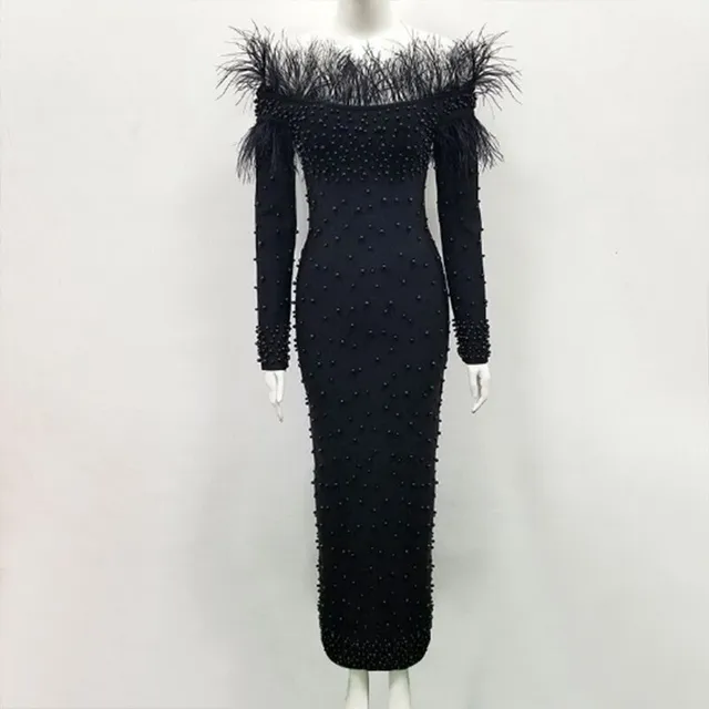 YQY89096 Latest Arrival Off Shoulder Feather SlimTight Nail Bead White Party Dress Long Sleeve Dresses Evening Dresses - Image 3