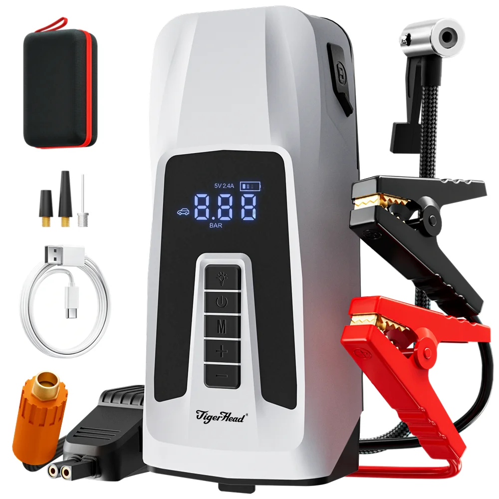 Přenosný 12 V startovací zásobník pro auta o kapacitě 8000 mAh s vestavěným kompresorem vzduchu (1800 A), vhodný pro benzínová i naftová vozidla – pro auta i nákladní vozy; kapacity 16 000 mAh nebo 12 000 mAh