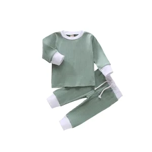 Wholesale Solid Splicing Two-Piece Baby Clothing Set Long Sleeved Rib Suit in Cotton Kids' Clothing