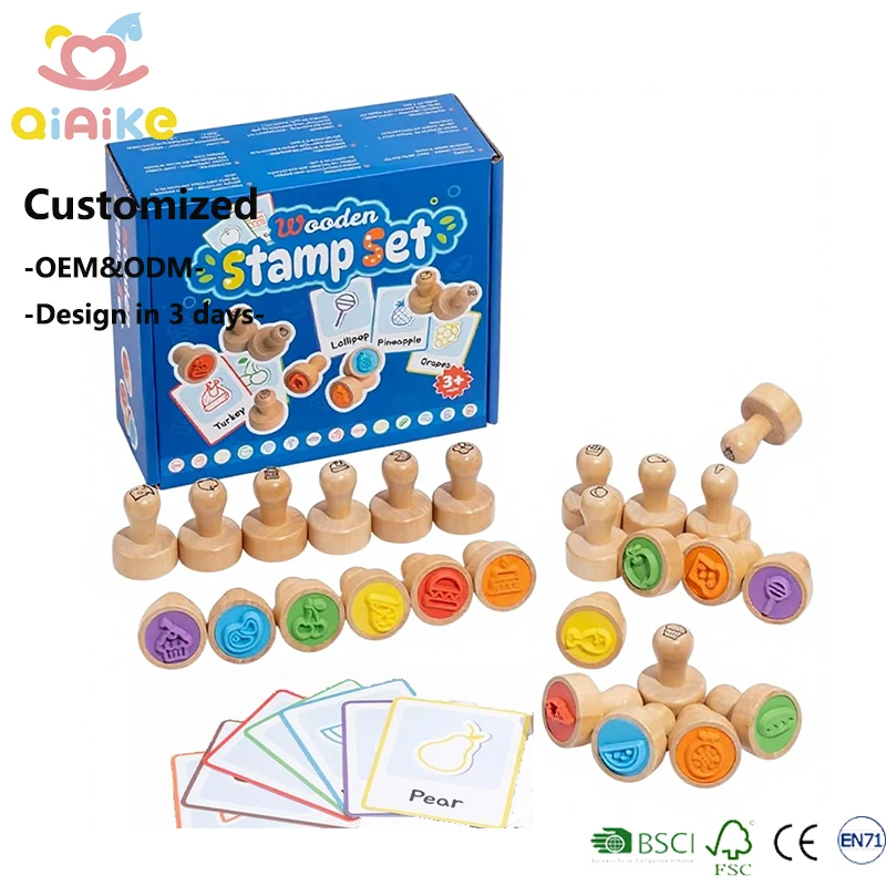Set di timbri in legno per il riconoscimento di frutta, verdura e alimenti, giocattolo Montessori per attività creative, giocattolo educativo per bambini, OEM/ODM, vendita all’ingrosso