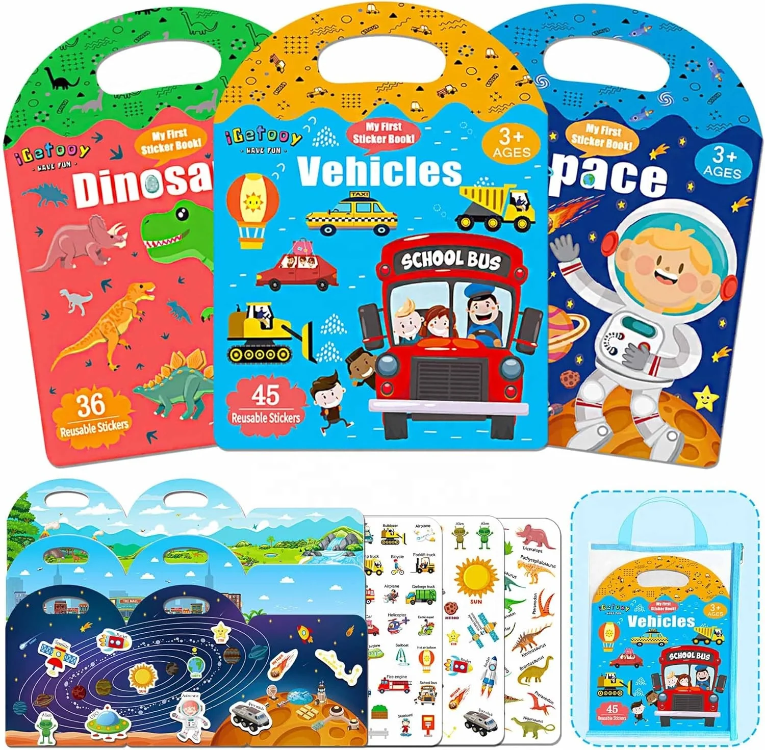 Reusable Sticker Book Waterproof Sticker for Girls Boys Road Trip Toddler Plane Train Car Travel Essential Toy (Vehicle/Space/Di