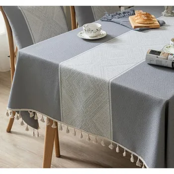 ironing rectangular tea table cove Jacquard fitted table cloth Cotton Linen tassel drop tablecloth dinning table cover