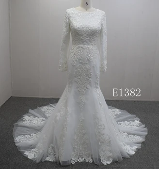 Long sleeve applique sequin lace lace back strap bridal dress