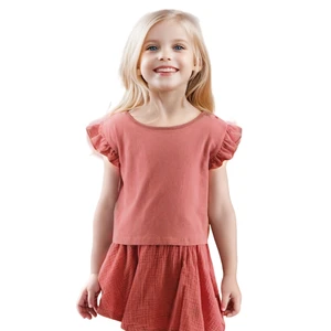 Wholesale Natural Dye Baby Girl Tops 100% Cotton Ruffle Blouse Vintage Solid Tee T-Shirt with Plant Dye Design