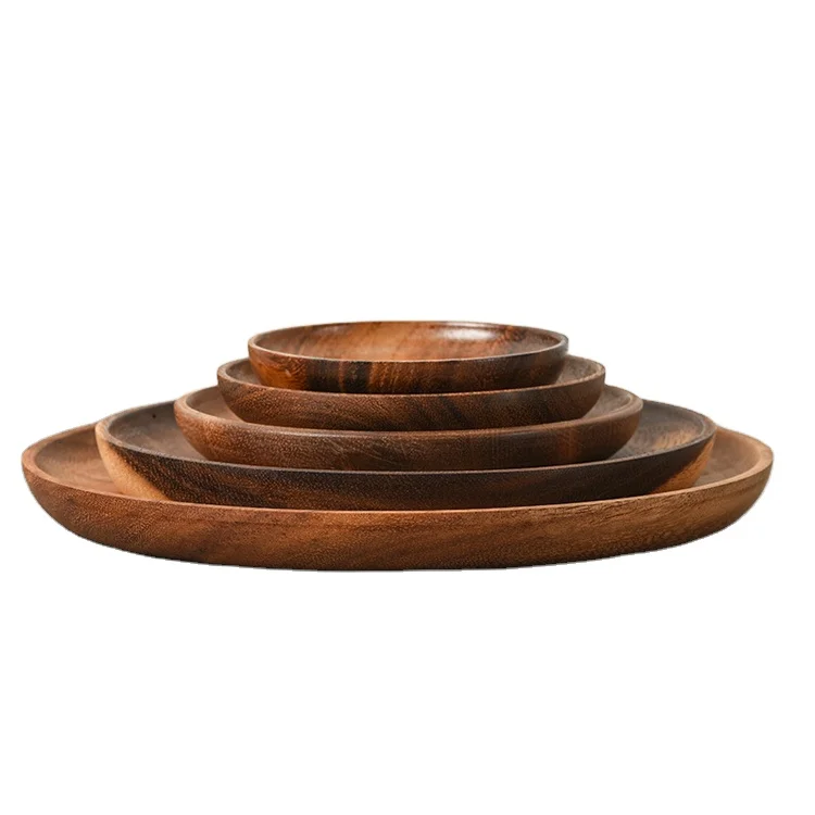 Solid Wooden Plates Engraved Round Wood Dinner Trays Set Serving Acacia