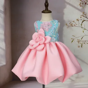 2026 Fluffy Bow Decoration Birthday Party Dress Satin High Quality Children Girl O-Neck New Summer Blue Big Flower Appliqued