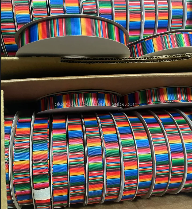 OKAY 1 Inch Single Face Serape Ribbons - Mexican Rainbow Stripes