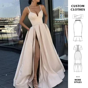 Custom Elegant V Neck Spaghetti Satin Evening Dress for Women Fashion Sleeveless Maxi Dress Slit Lady Long Party Formal Dress
