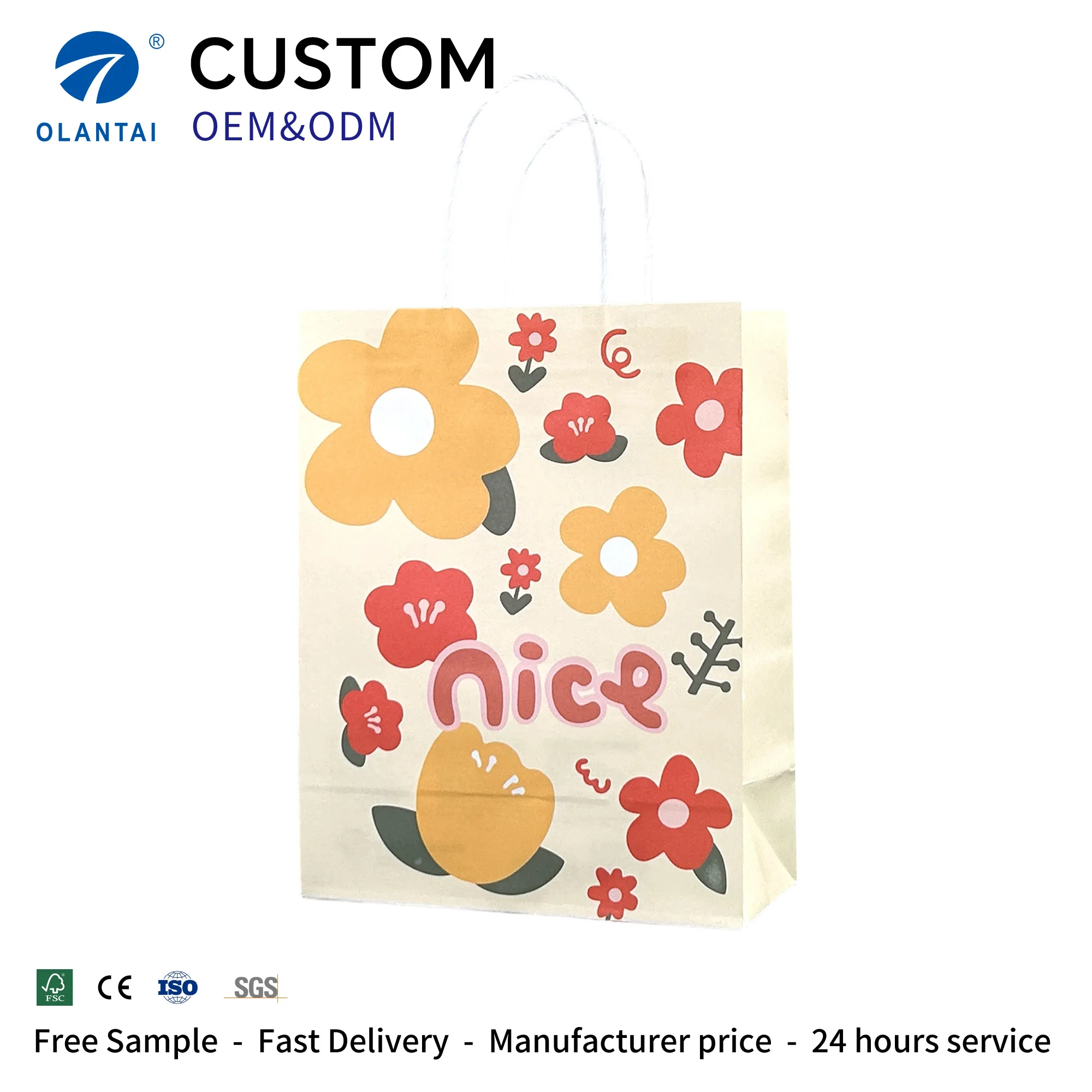 Custom Printed Logo Cotton Ribbon Handles Recyclable Durable Classic Style Kraft Paper Bags for Food Packaging & Craft