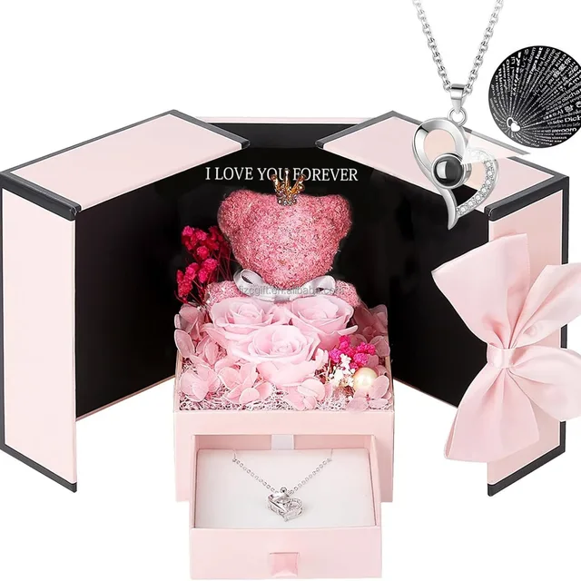 2025 Whosale Preserved Flowers Big Two Layer Pink Ribbon Valentine Necklace Teddy Bear Rose Gift Box