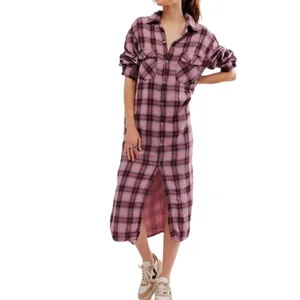 Female Plaid Top Fashion Checked Long Shirt Classic Style Top Loose Fit Midi Shirt Dress for Women's