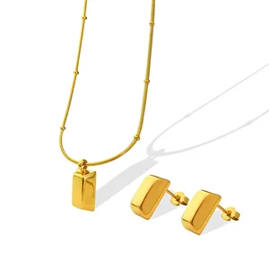 Wholesale Luxury Mini Brick Stainless Steel Necklace Earrings Set for Women 18K Gold Plated jewelry for Parties or Gifts