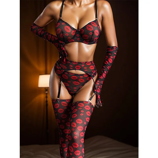 sunny leone sexy lingerie Sexy Lips Rose Solid Color Garter Women's Sexy Lingerie Set