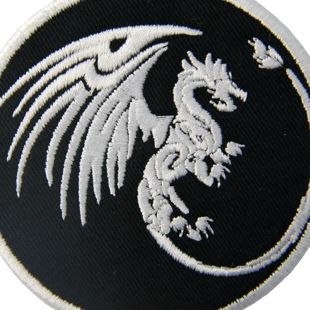White and Black Color Pattern Dragon Symbols of Power and Might Patch Cloth Applique Iron on Sew on Embroidered Embroidery Patch