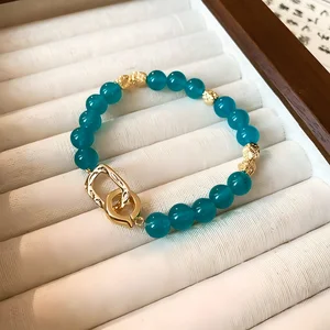 Elegant Blue Agate Bead Bracelet with Gold Metal Buckle Accents Stylish Handmade Gemstone Jewelry for Women Daily Wear Gifting