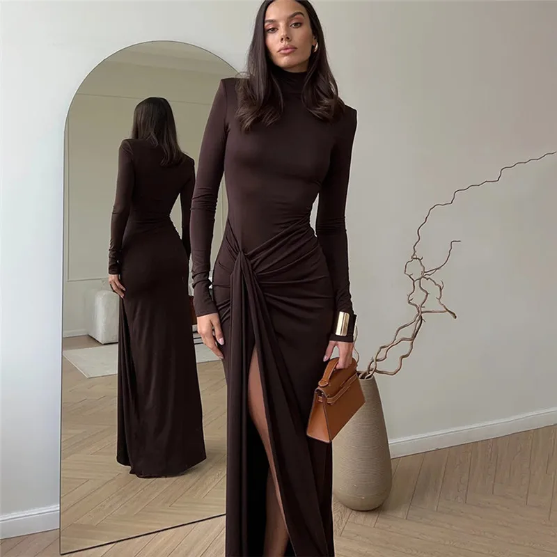Elegant High Neck Long Sleeve Bodycon Maxi Dress for Women - Perfect Casual Party Attire, Available in Various Styles Elegant High Neck Long Sleeve Bodycon Maxi Dress for Women - Perfect Casual Party Attire, Available in Various Styles