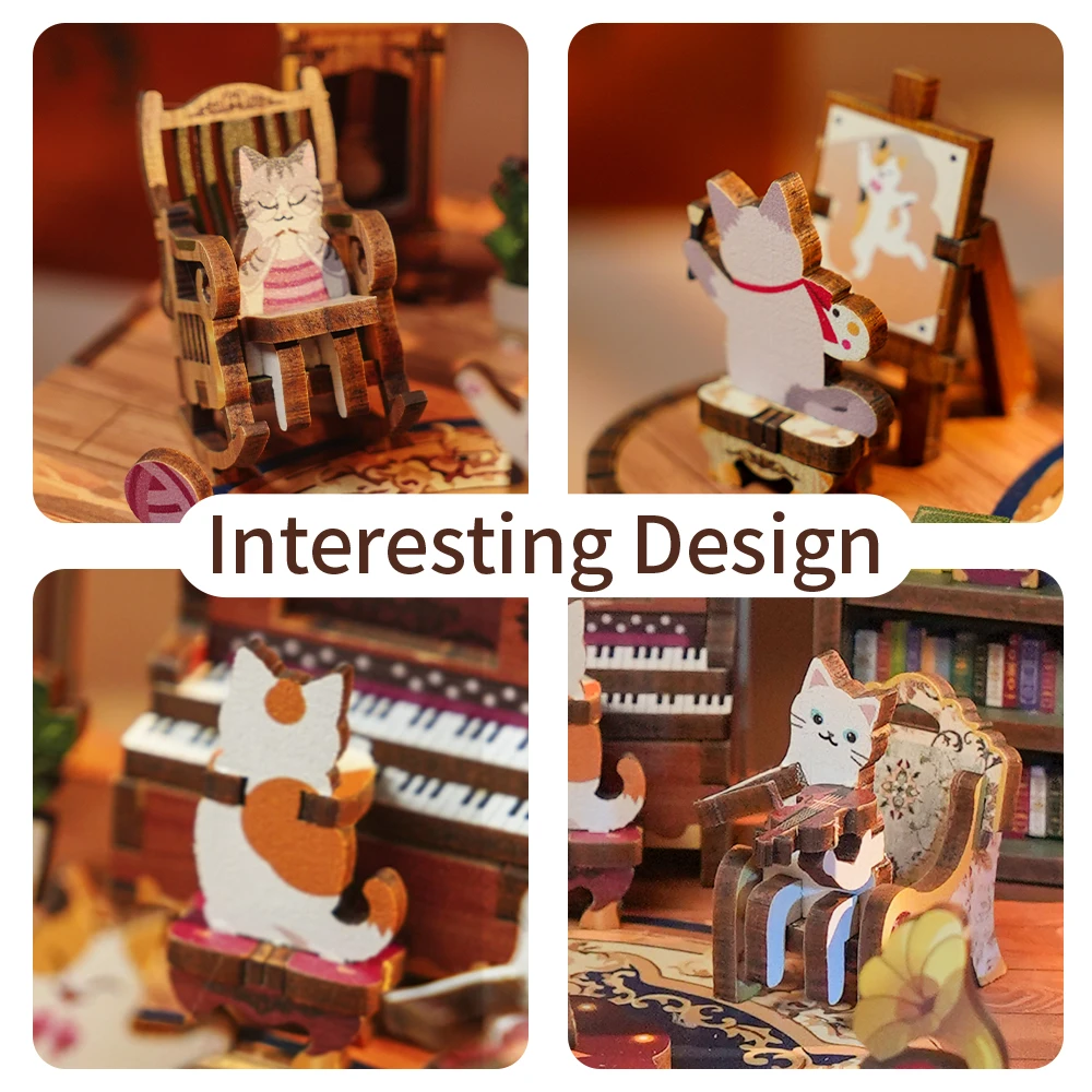 DIY Creative 3D Wood Craft Puzzle Music Box - Hand Cranked Cat Box