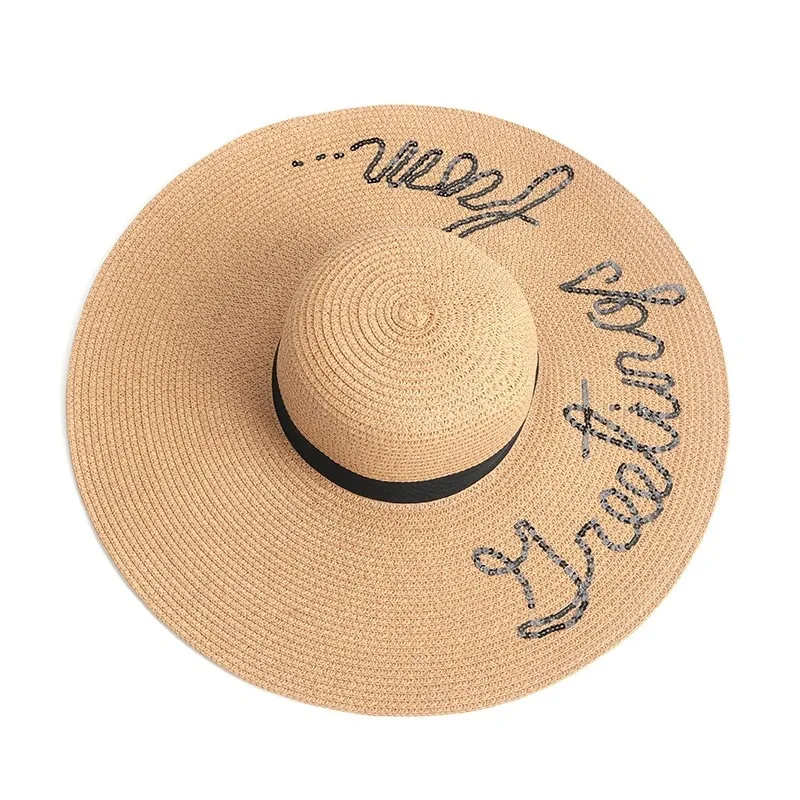 Foldable Women Summer Straw Hat Wide Brim Embroidery Beach Sun
