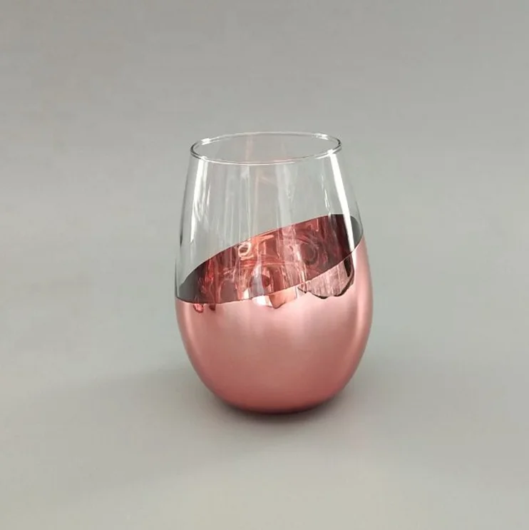 Copper/rosegold Metallic Bottom Angled Stemless And Stemmed Wine Glass