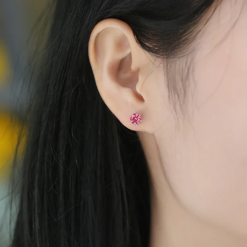 HMOIS fashion earrings six claws women stud silver 0.5ct round gems pink moissanite stud earrings