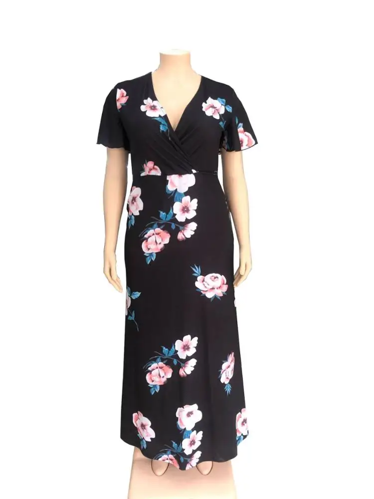 SYF1026 custom private label fashion print deep v sexy fat women casual plus size floral dress