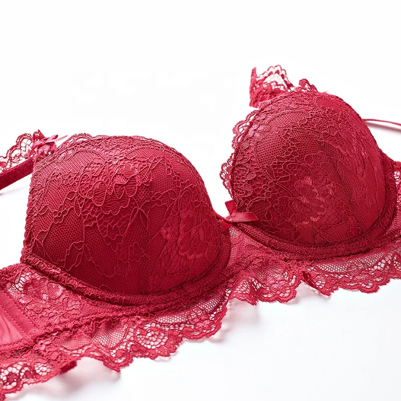 Women Sexy Bra Set Lace Embroidery Ultra-Thin Transparent Underwear Push Up  Bra and Panty (32/70, Purplish Red)