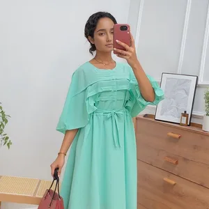 Wholesale New Summer Vintage Round Neck Waist Casual Women's Long Sleeve Solid Color Dress