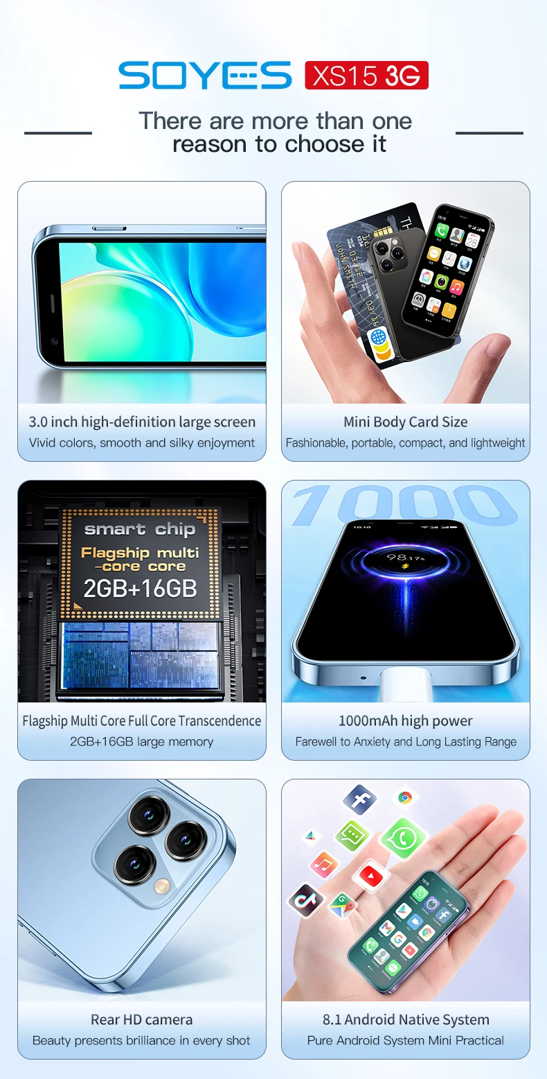 SOYES XS15 Mini Smart Mobile Phone 3.0 Inch Android 8.1 Smartphone 2GB RAM+16GB ROM Dual SIM Google Play Store 3G Cellphones