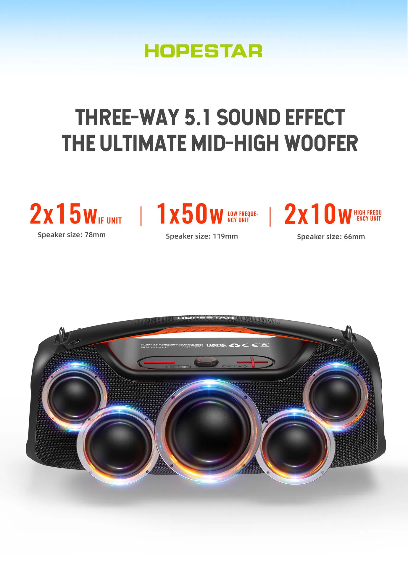 Hopestar Speaker 100W Outdoor Portable Audio Player A60 High Quality RGB Wireless RGB Wireless Subwoofer for Home Parties
