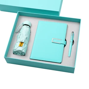 PU Leather A5 Journal Gift Set for Students Including Metal Pen and Mini Umbrella with Thread Sewing Binding