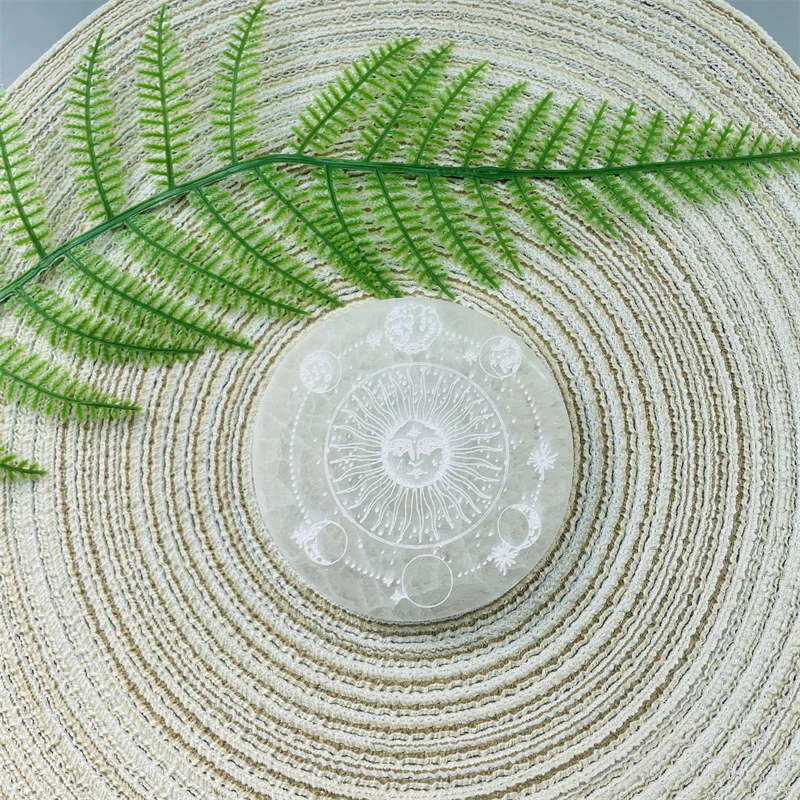 10 cm High Quality Selenite Tree of Life 12 Constellations Coaster Plate Engraved With Chakra Symbol Selenite Carving Slice
