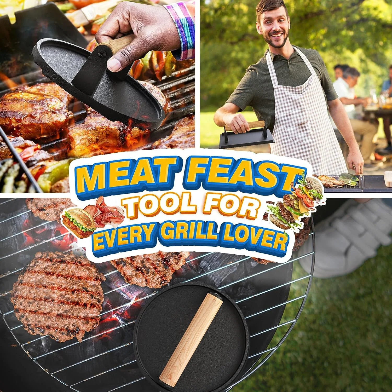 Smashed Burger Kit,Cast Iron Heavy Duty Burger Smasher Round