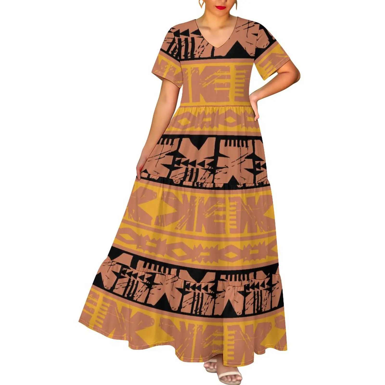 2024 New Design Fiji Pacific Island Pattern Hawaiian Style Deep V Neck Casual Elegant Ladies Full-size Maxi Dress 2024 New Design Fiji Pacific Island Pattern Hawaiian Style Deep V Neck Casual Elegant Ladies Full-size Maxi Dress