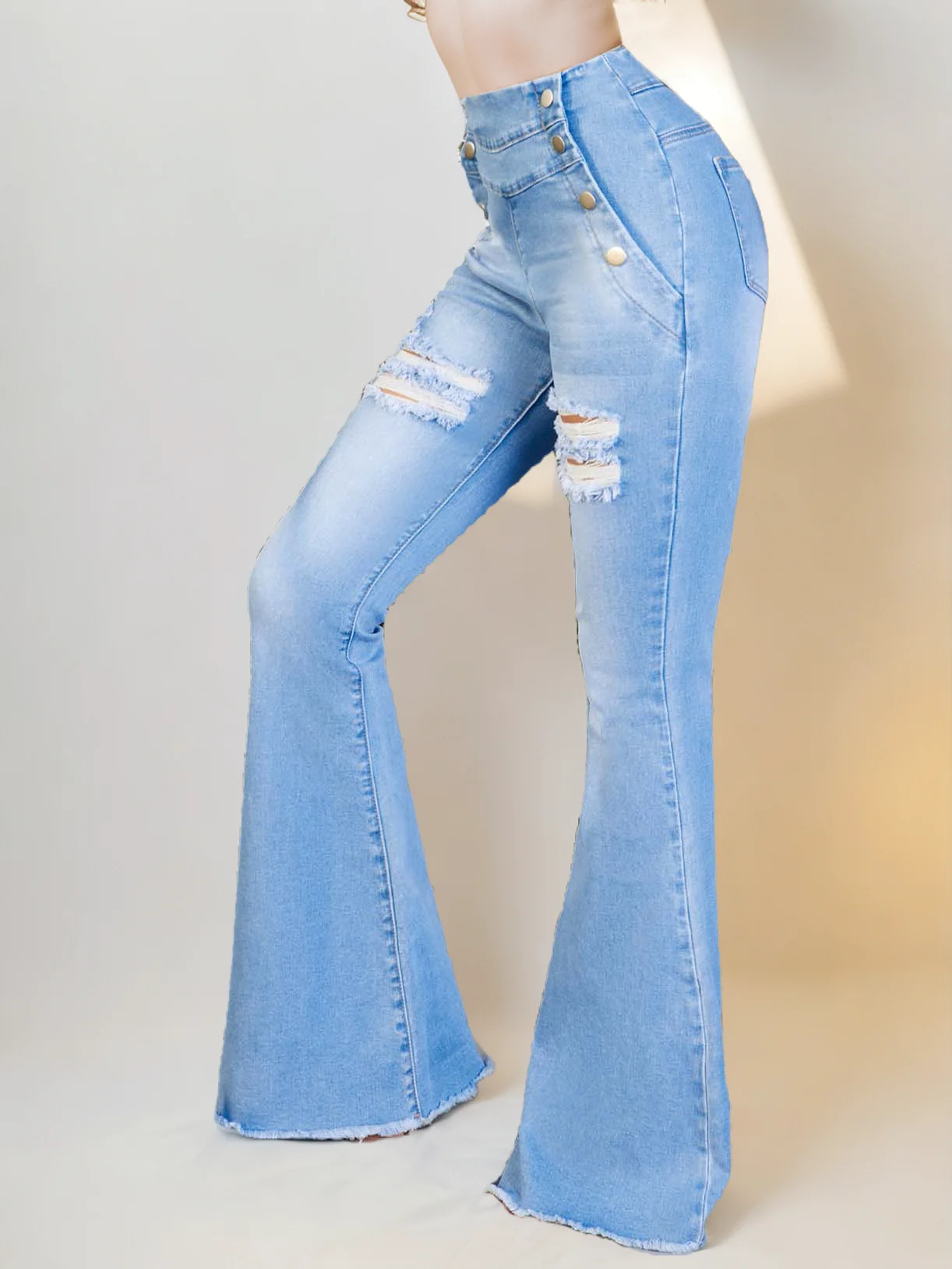 Custom Wholesale Factory Direct Sales Ladies New Casual Fashion Wash Waist Design Hole Bag Buttock Tight Denim Bell Bottoms