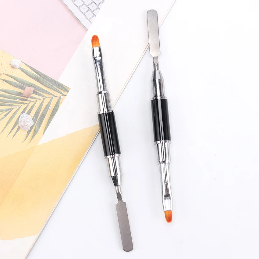 Горячая распродажа двухсторонняя кисть для ногтей и шпатель профессиональная Гелевая Кисть из нержавеющей стали