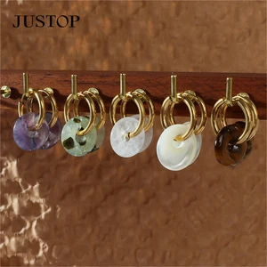 New Boucle D'oreille No Fade Natural Stone Stainless Steel Tiger Eye Pink Quartz Turquoise Pendant Hoop Earrings for Women