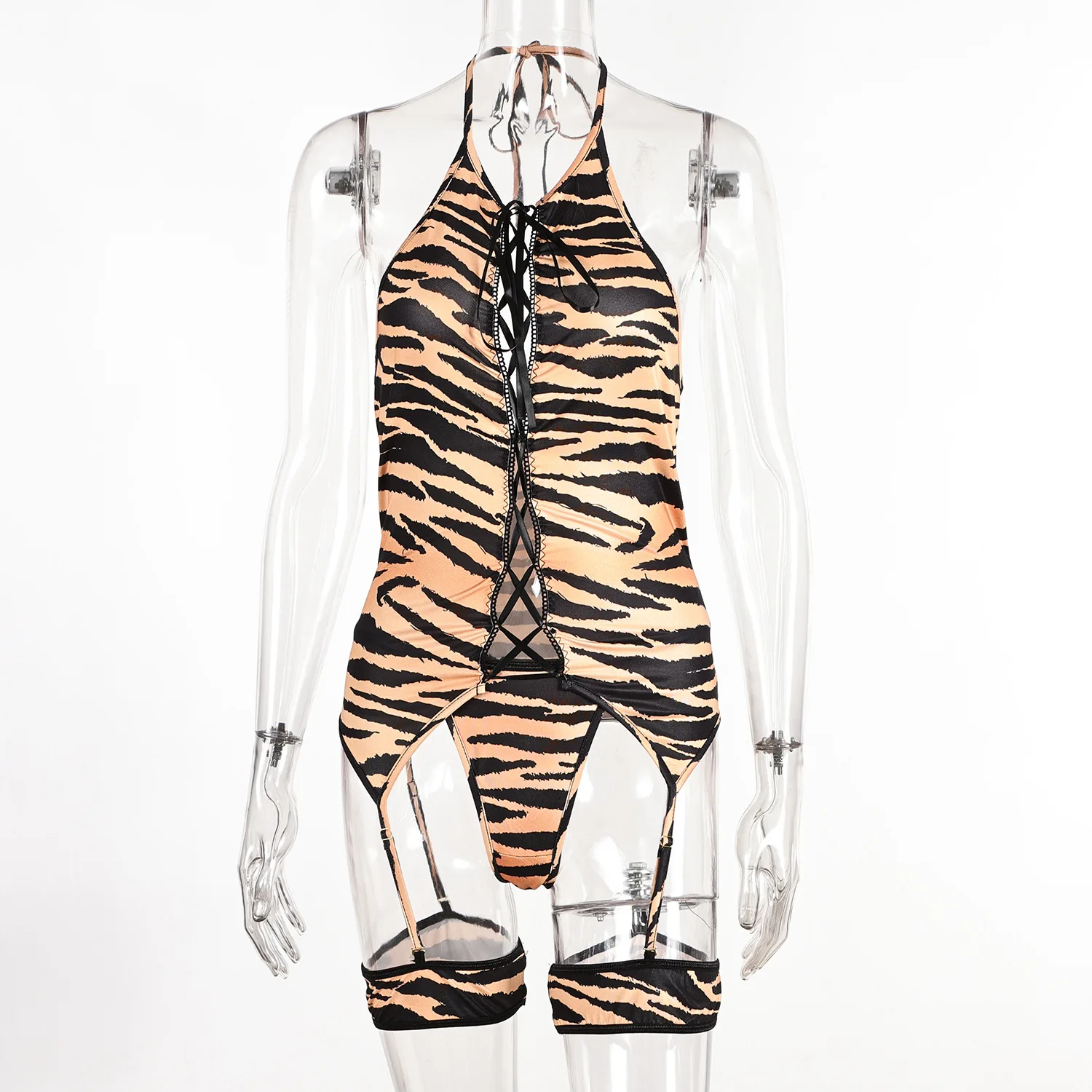 New Design Leopard Print Lace-up Lingerie Women Jumpsuit Japan Hot Open Sexy Girl Lingerie