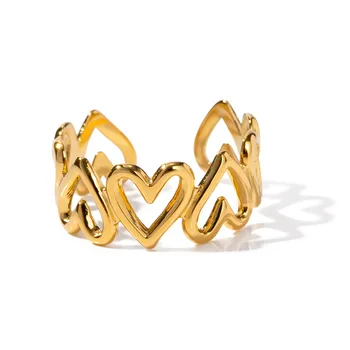 INS Style 18K Gold Plated Stainless Steel Heart Shaped Open Finger Ring Hollow Band Chunky Rings for Girls