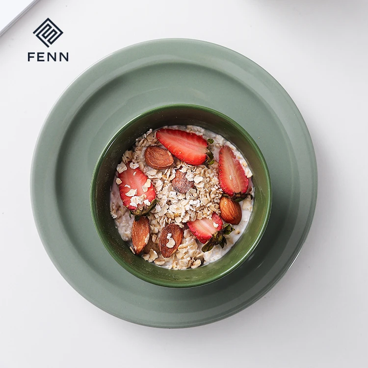 FENN New Trend 7.5/8.5 Inch Scratch Resistant Porcelain Plate Glossy Green Glazed Ceramic Plates For Daily-use