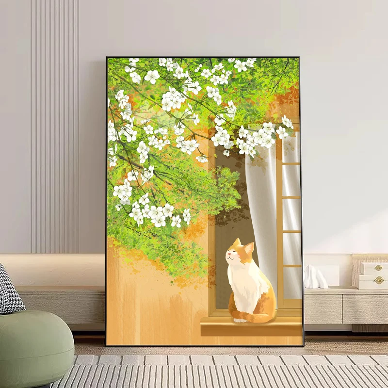 Orange Tabby Cat Wall Art Canvas Print Blooming White Flowers Green Foliage Warm Beige Background Minimalist Whimsical