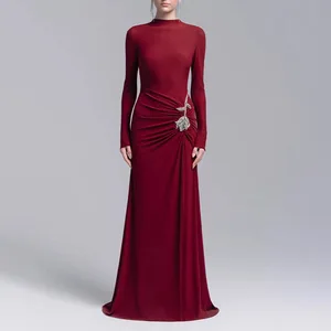 New Arrivals Wholesale Dress New Round Neck Long Sleeve Slim Fit Pleated Hot Diamond Design Long Dress