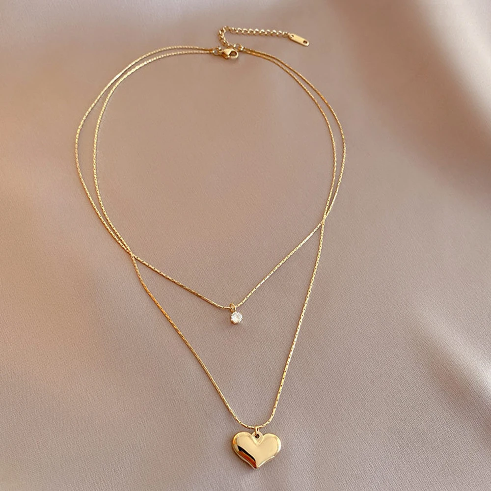 Double Layer Chain Charm Jewelry Cubic Zirconia Stone Gold Plated Necklace  Stainless Steel Love Heart Necklace - Buy Stainless Steel Double Layer