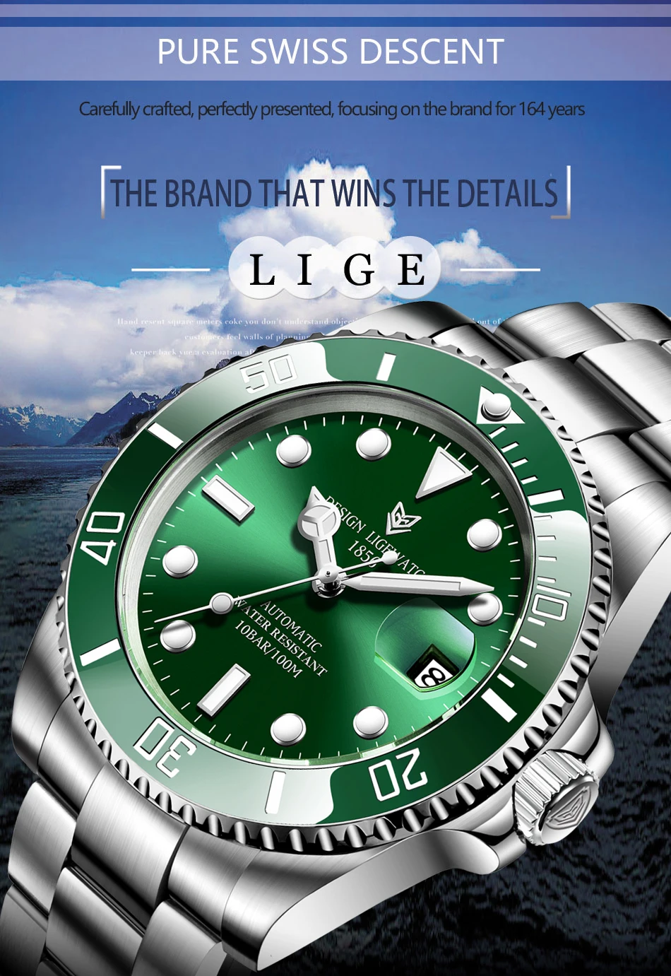 lige 6801豪华自动手表男士不锈钢防水潜水手表商务机械表