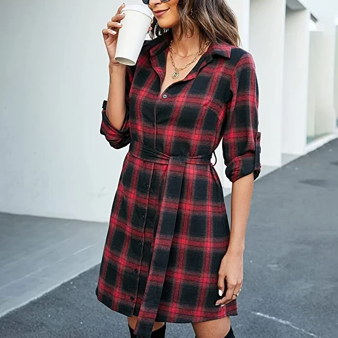 High Quality OEM Service Women's Flannel Shirt Dress Plaid Cape Button Long  Sleeves Medium Length Designer Dress Shirt