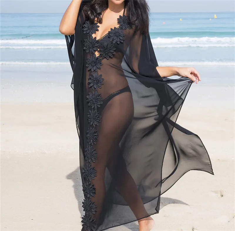 silver black tie dress Samaria Black Lace Bell Sleeve Cover | Swimwear main image 0