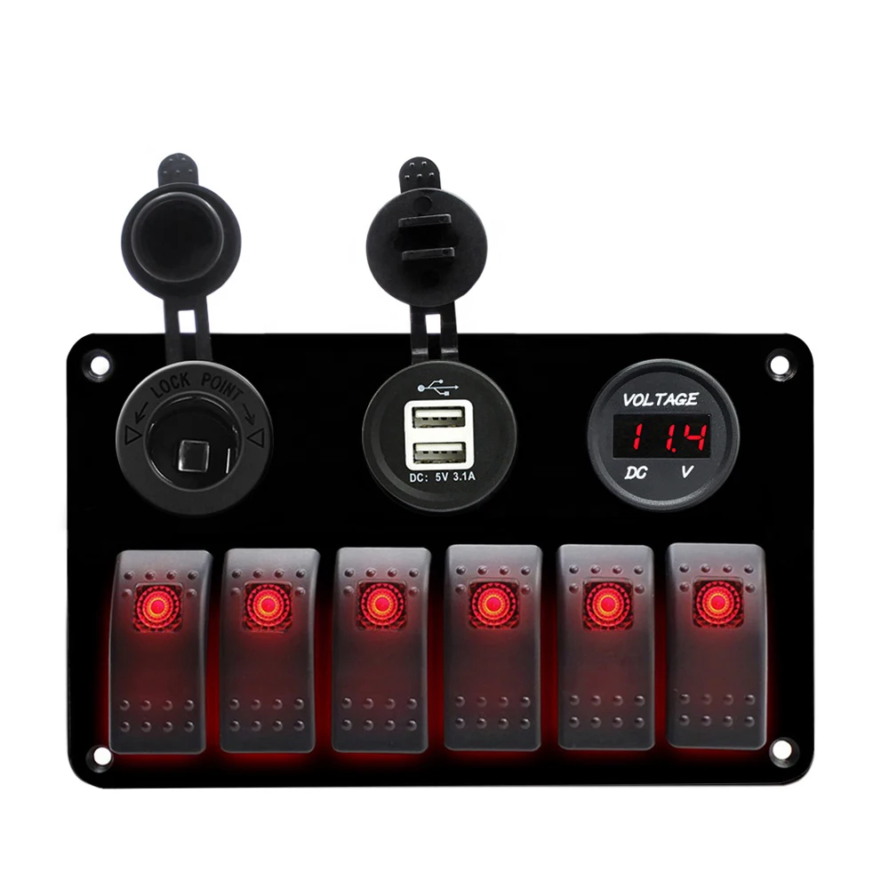 Wholesale DC 12V waterproof Rocker Switch Control Panel 6 Gang with USB Socket Voltmeter Cigarette Lighter Socket