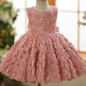Rose Flower 3D Satin Lace Mini Kids Clothing Baby Birthday Party Wedding Ball Gown Dress Pink Flower Girl Princess Dress
